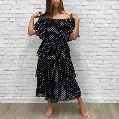 Black Polka Dot Midi Dress Off Shoulder Pleated