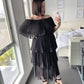 Black Polka Dot Midi Dress Off Shoulder Pleated