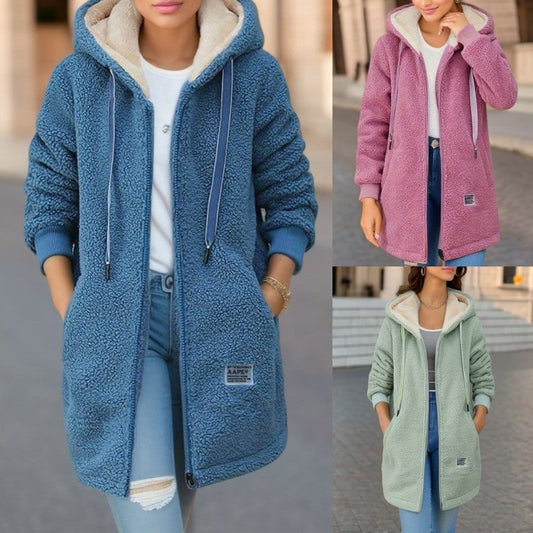 Long teddy coat with hood and fleece lining