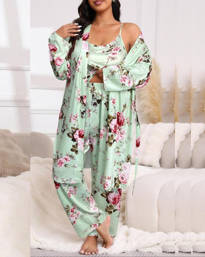 🌸✨Comfy 3-Piece Pajama Set – Robe, Camisole & Long Pants