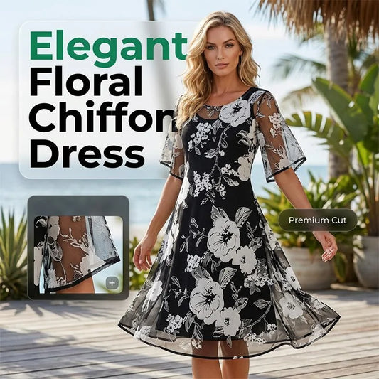 🌸 50% OFF NOW! ✨ Women's Floral A-Line Party Dress – Double-Layer Chiffon, Elegant Print & Knee-Length Fit 👗