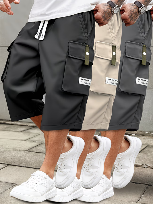 Men’s Cropped Cargo Trousers with Drawstring Waist and Multiple Pockets