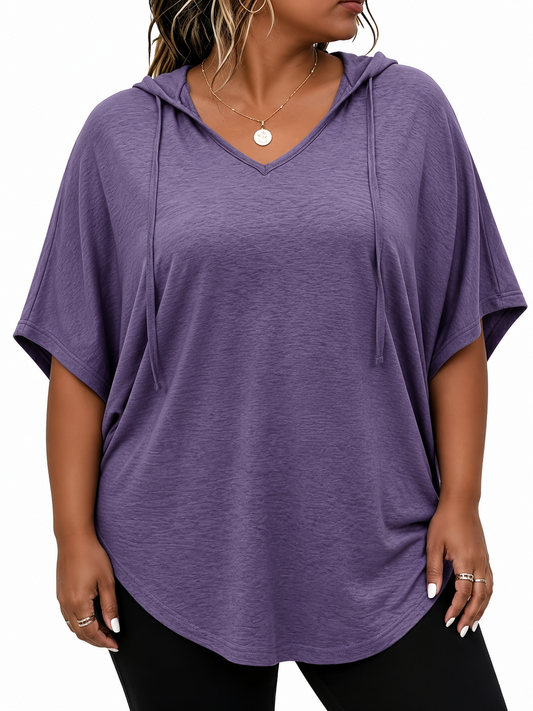 Women's Plus Size  Cotton Solid Hooded T-Shirt