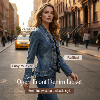 🧥 40% OFF NOW! 🌸 Women's Ruffle Trim Open-Front Denim Jacket – Lightweight & Feminine – Versatile & Chic 👗