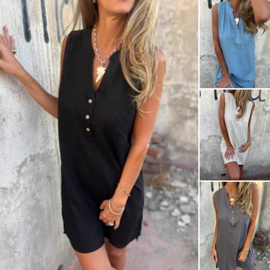 Solid Color Sleeveless V-neck Casual Pocket Mini Dress