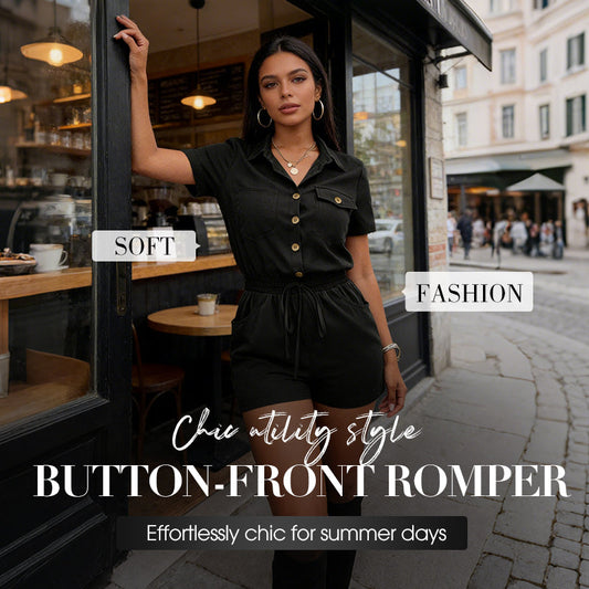 Women's Short Sleeve Button-Up Utility Romper