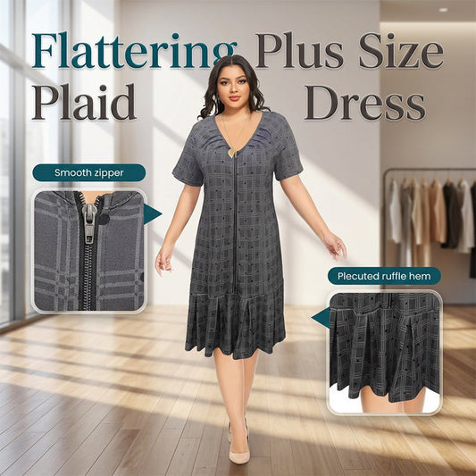 Women's Zip Front Short Sleeve Pleated Hem Dress