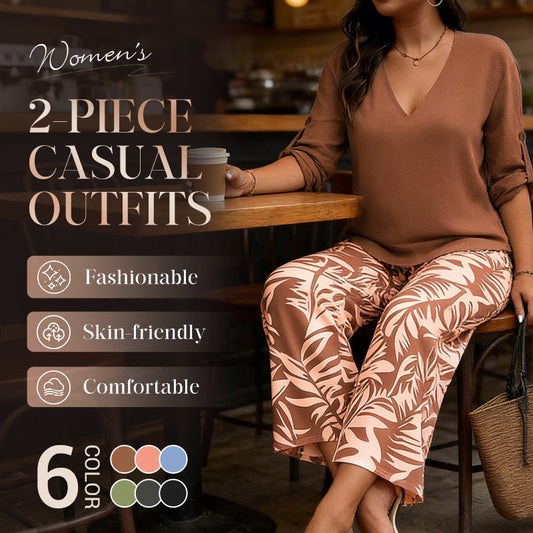📢📢50% OFF !! ⏰Women's V-Neck Blouse & Wide-Leg Trousers Set with Printed Co-Ord Style