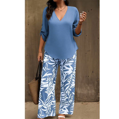 📢📢50% OFF !! ⏰Women's V-Neck Blouse & Wide-Leg Trousers Set with Printed Co-Ord Style