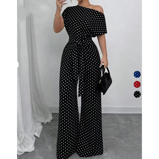 👖 LIMITED-TIME 50% OFF! ✨ Elegant Asymmetrical Polka Dot Jumpsuit – Wide Leg, Waist Tie, 3 Colors 🍷
