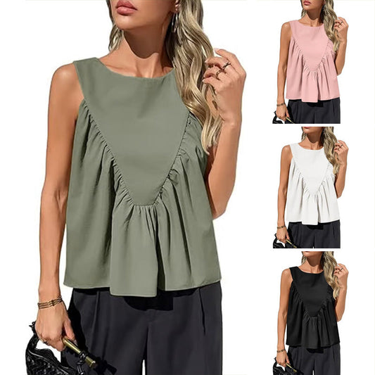 Women's Solid Color Pleated Sleeveless Top