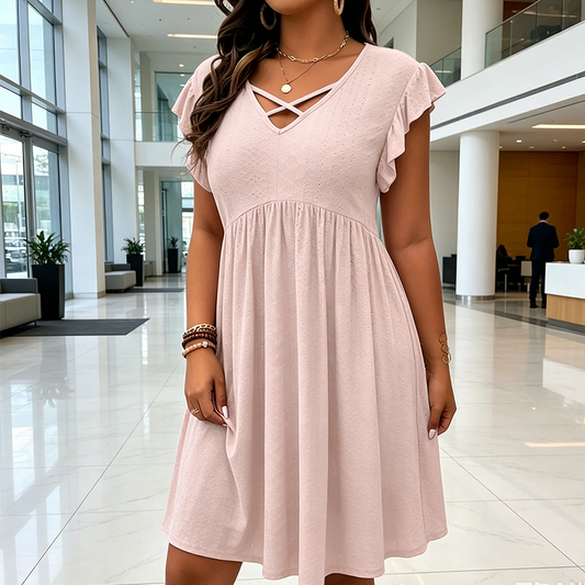 Women's Criss-Cross V-Neck Flutter Sleeve Flowy Dress