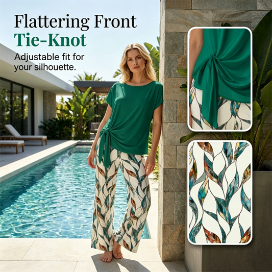 Women's Tie-Knot Top & Printed Wide-Leg Pants Set