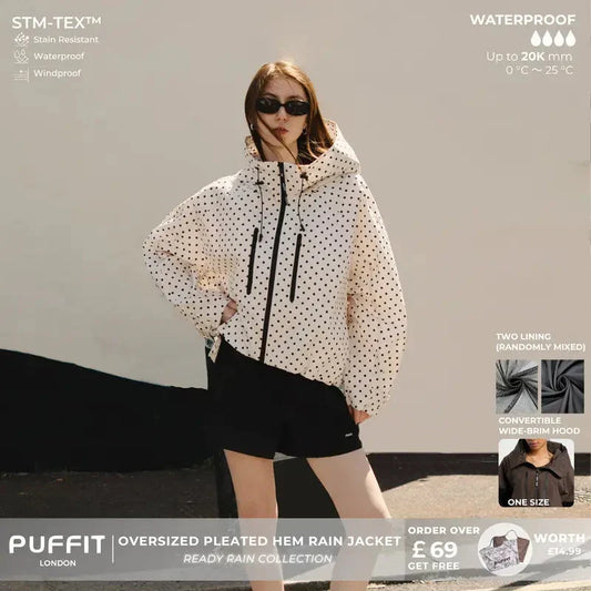 🧥Wide-Brim Hood💧Short Oversized Rain Jacket With Bubble Hem,Adjustable Cuffs