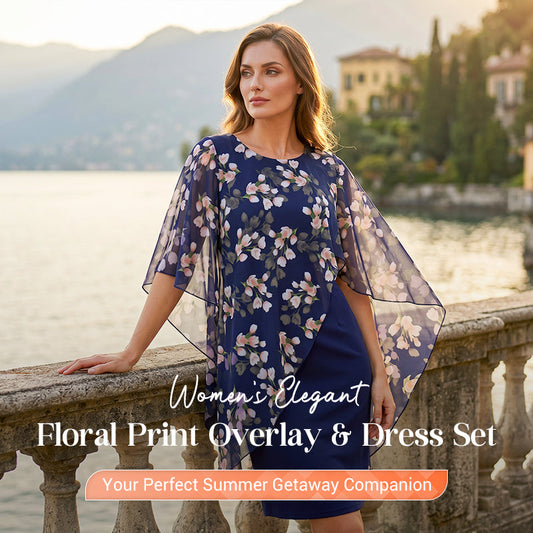 Women's Elegant Floral Print Overlay & Dress Set